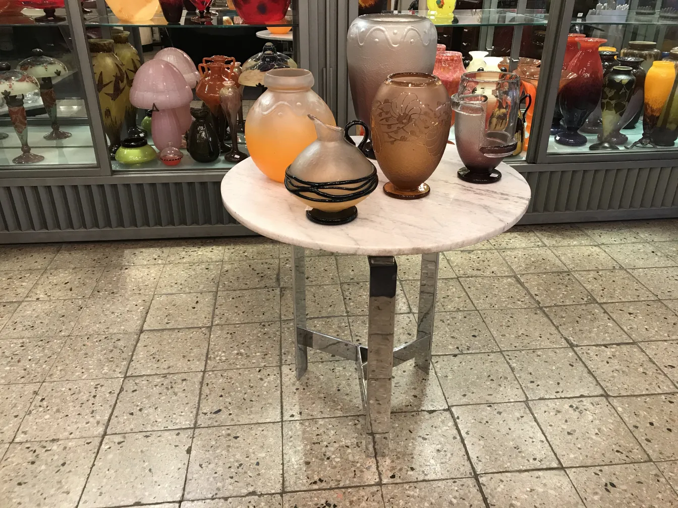 signed glass Charder on a table in an antique setting with other vases