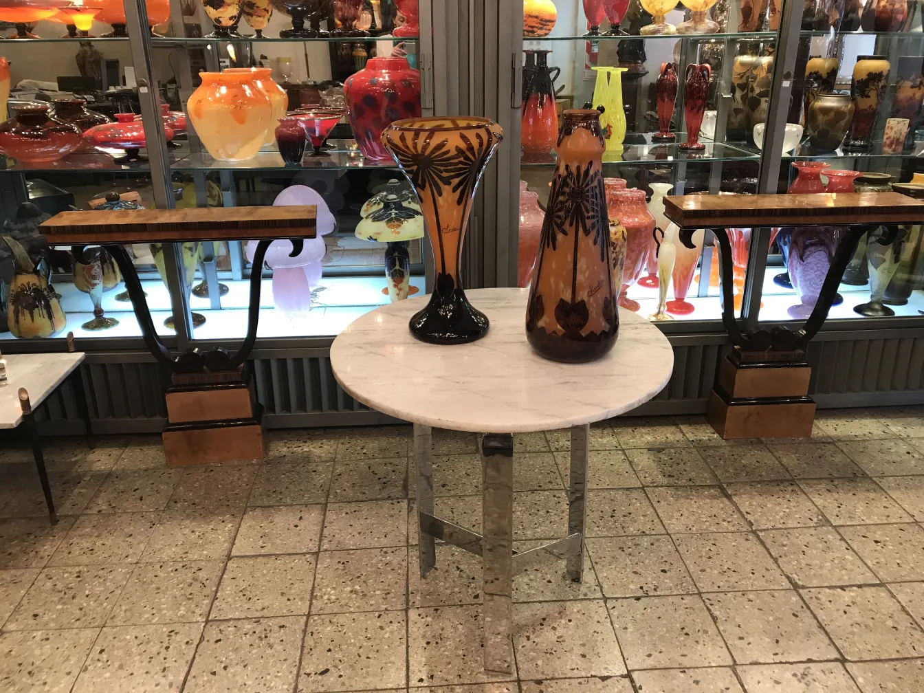 Antique signed glass with black and amber patterns, Charder.