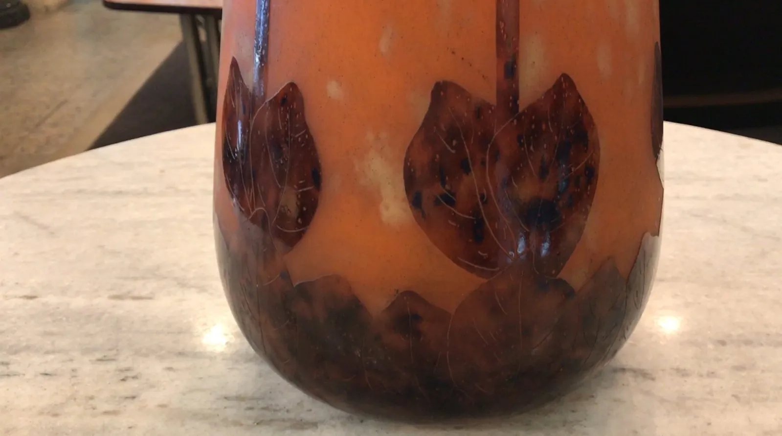 glass signed Charder leaf motif on orange background