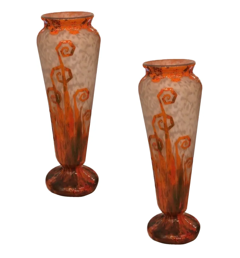two antique signed glass vases charder in orange