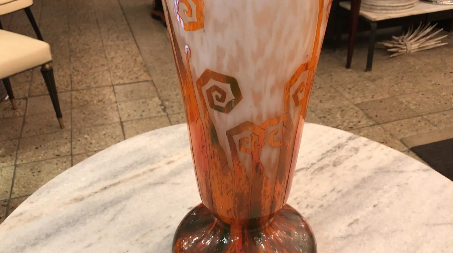 Antique signed Charder glass vase with spiral decorations in orange tones