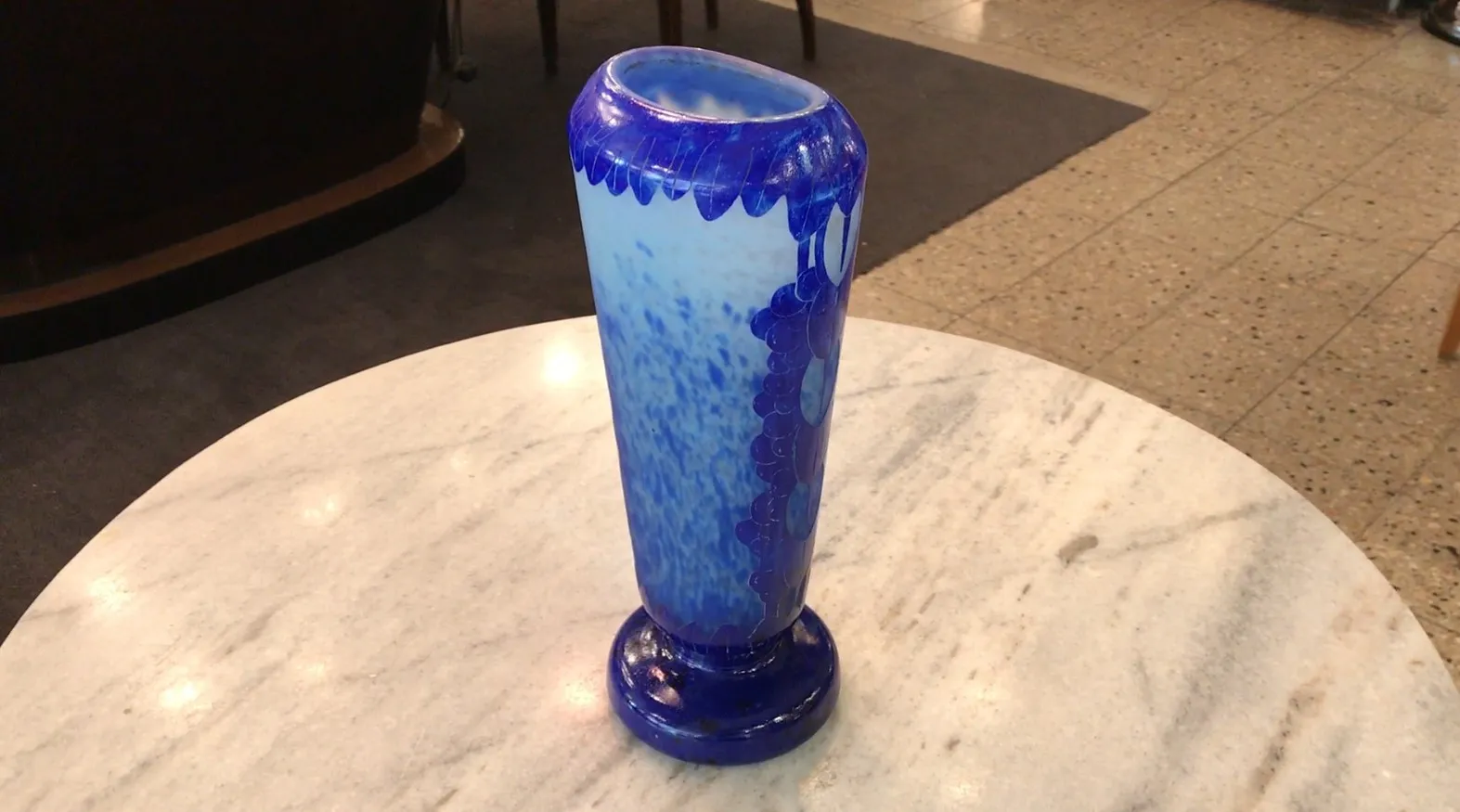 Antique vase signed Charder featuring a blue and white design