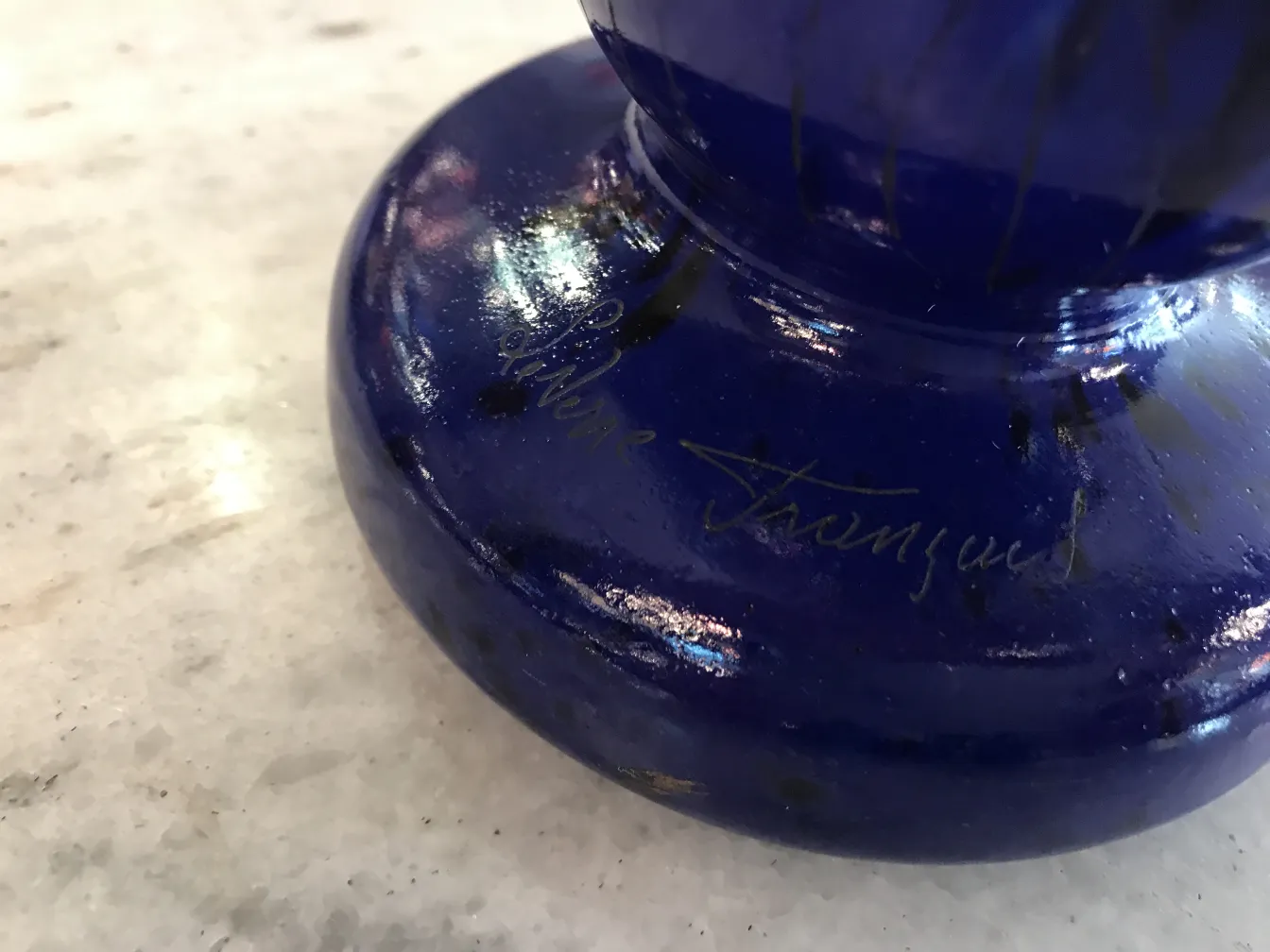 Blue signed glass Charder with signature detail, antique design