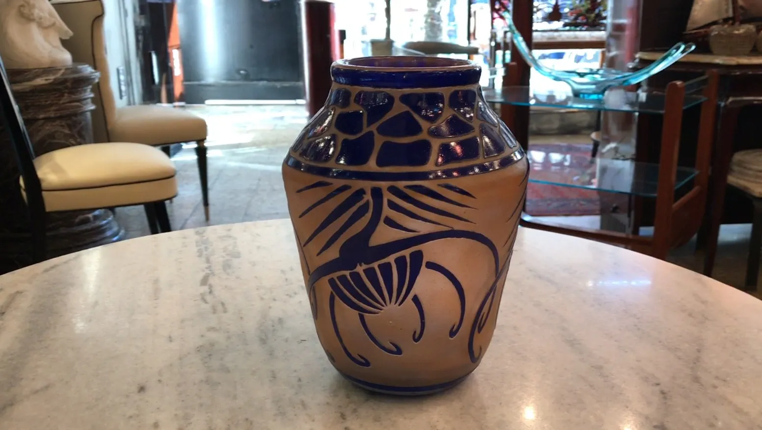 Antique signed glass Charder with blue design