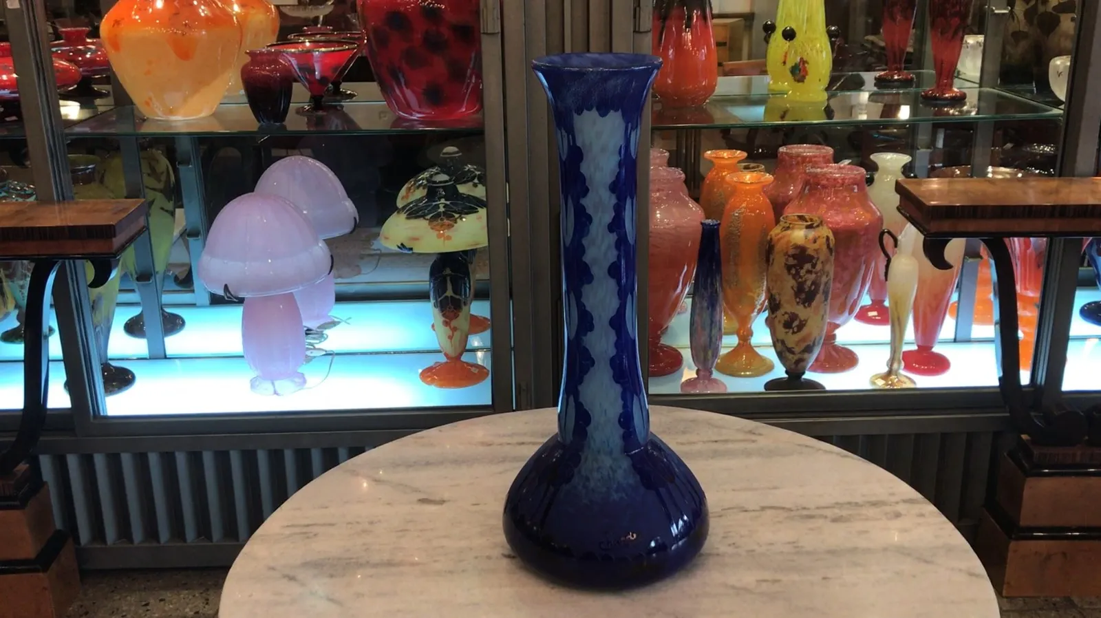 Antique signed glass Charder, blue with white details