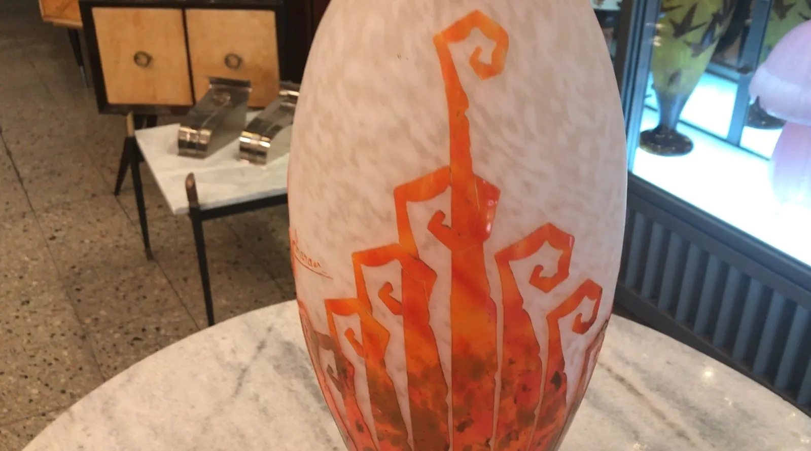 Antique signed glass Charder with orange color and artistic pattern