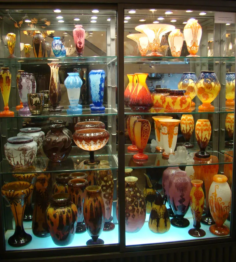 Antique signed glass Charder, vibrant colors with decorative details.