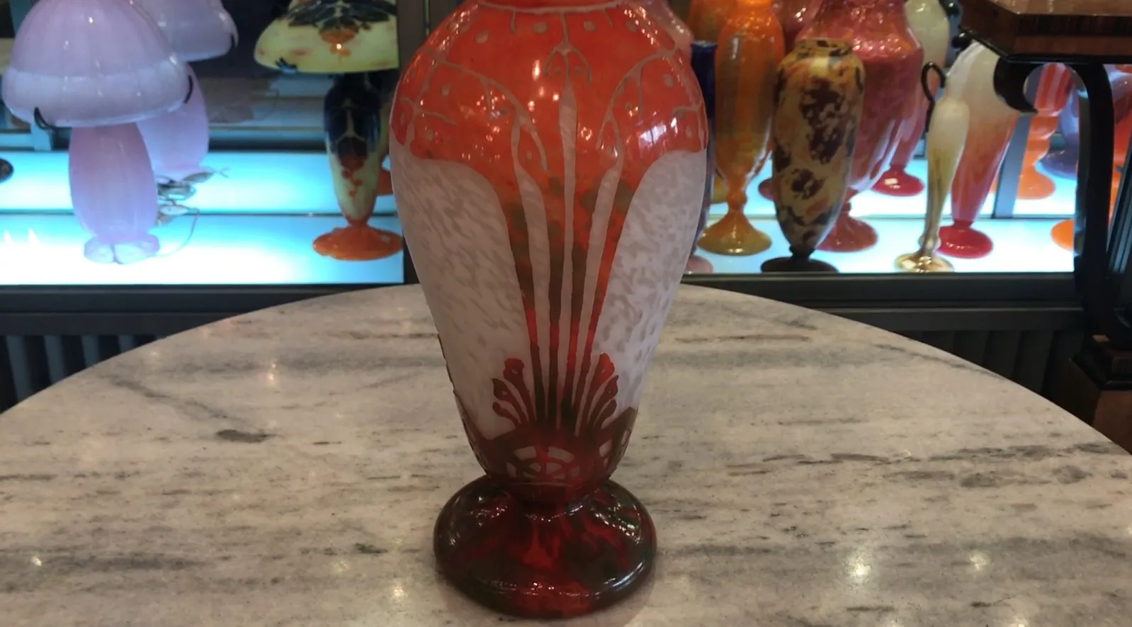 Antique signed glass Charder with elegant design on red base