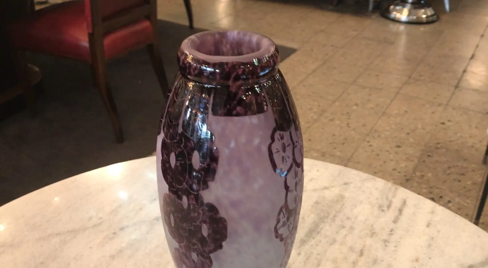 Glass with floral design in purple tones, antique