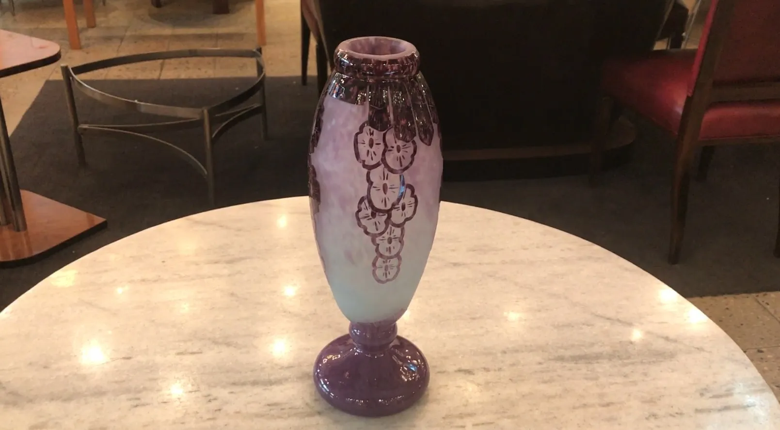 Antique vase with floral pattern and purple base, signed Charder.