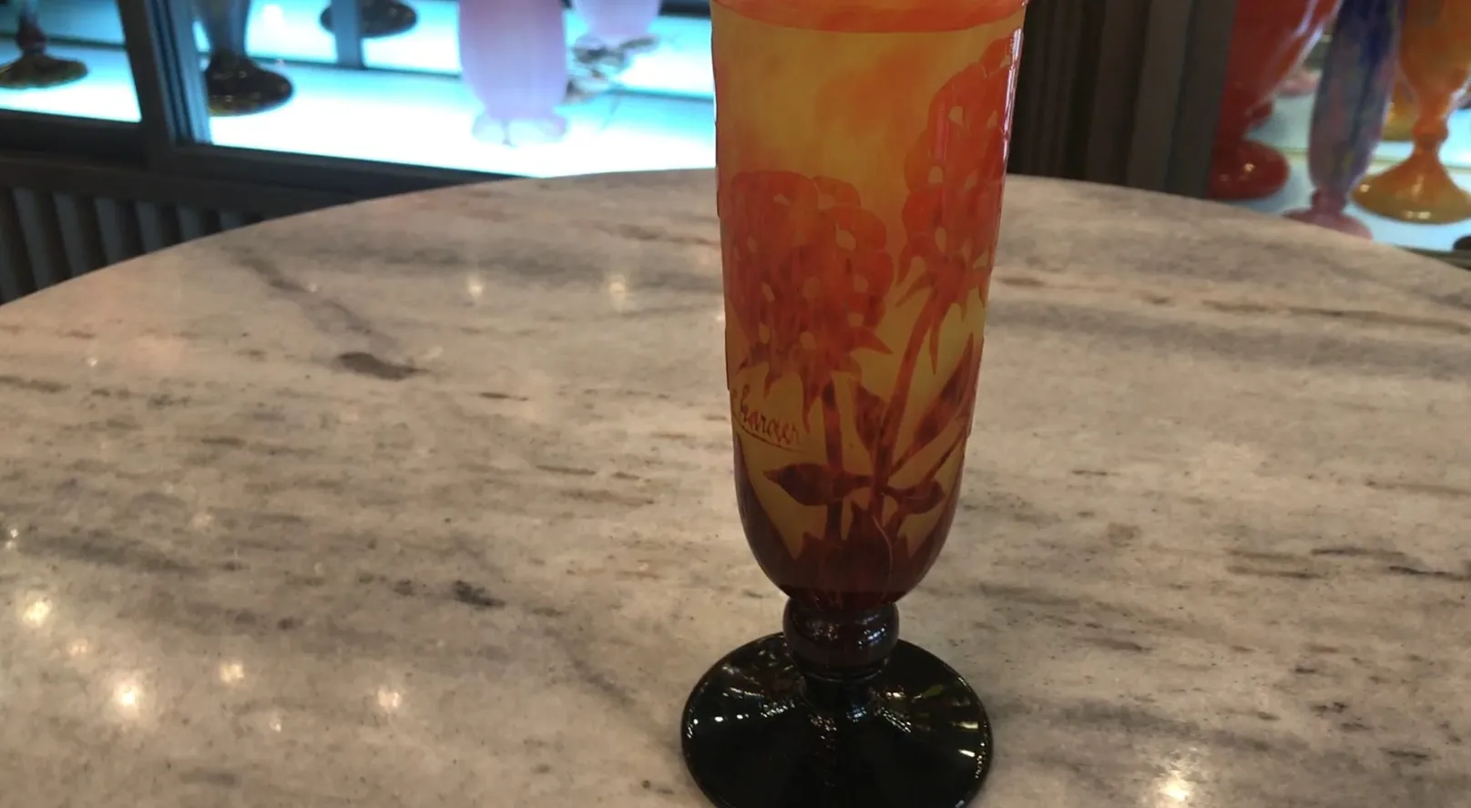 Antique signed glass Charder with floral design in warm colors