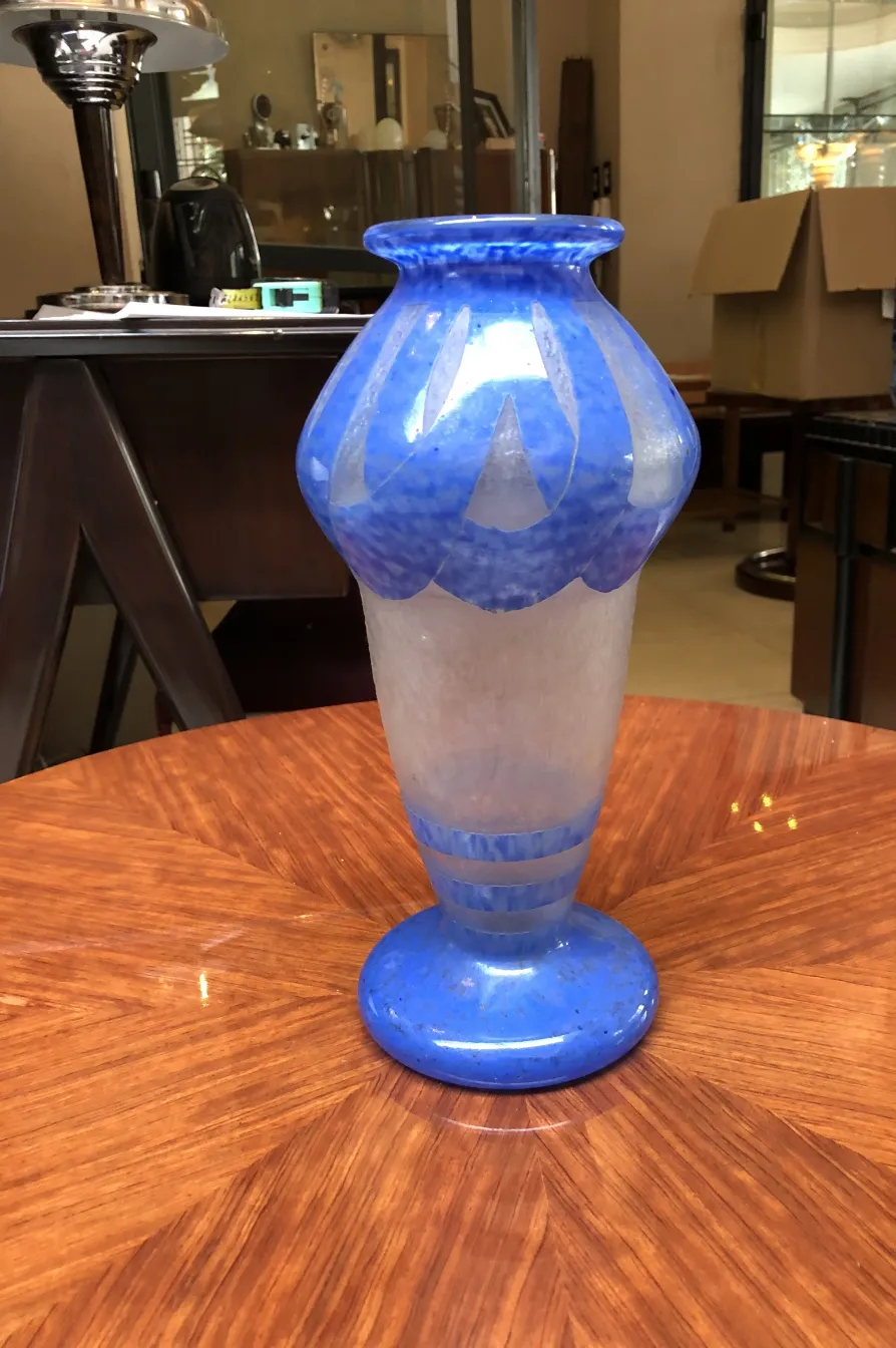 Antique blue signed glass vase by Degu with distinct design.