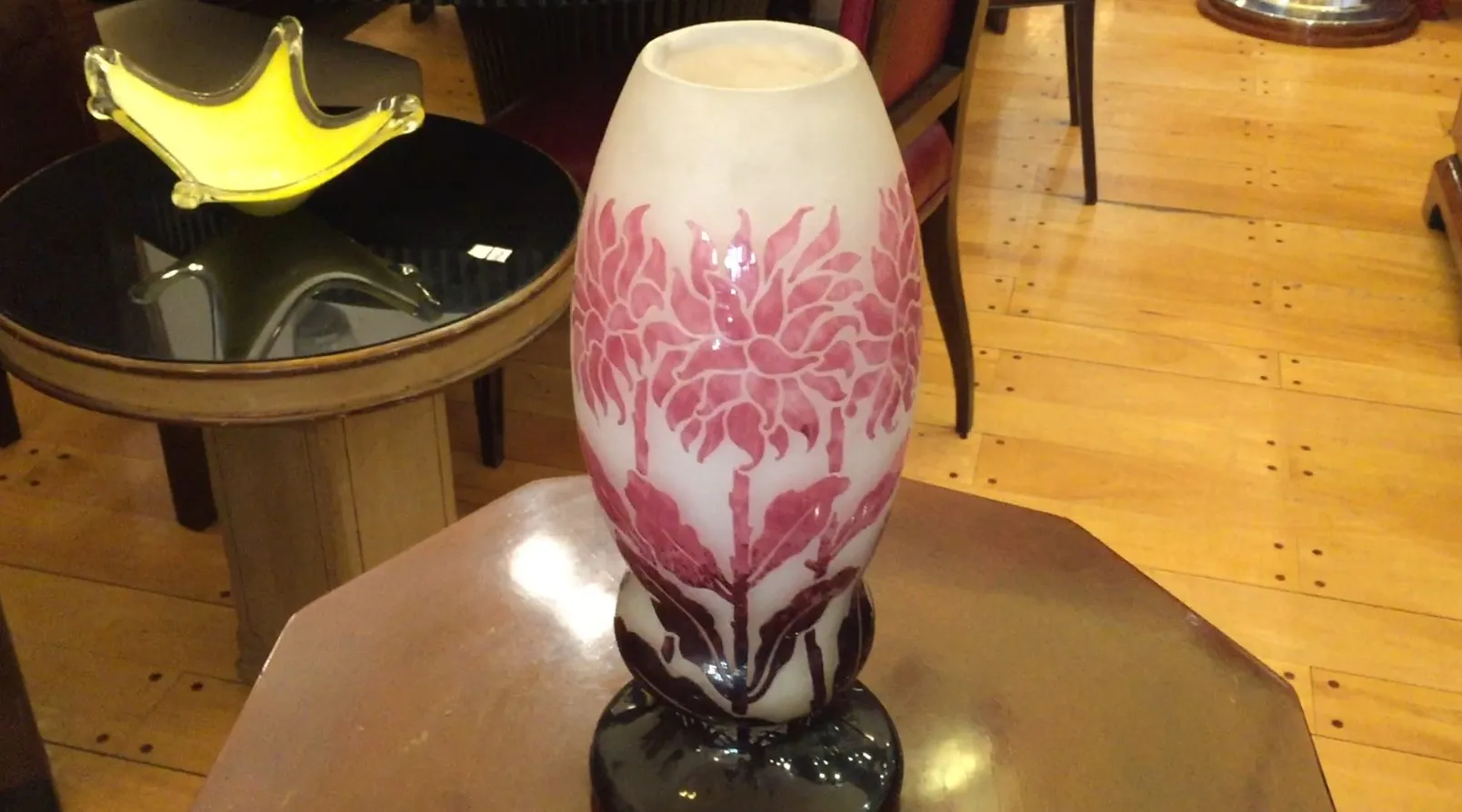 Antique glass vase with pink floral design by degué