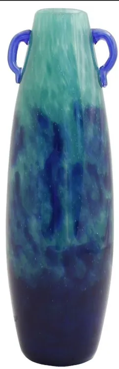 Vase ancien signé Degué avec des nuances de bleu et vert