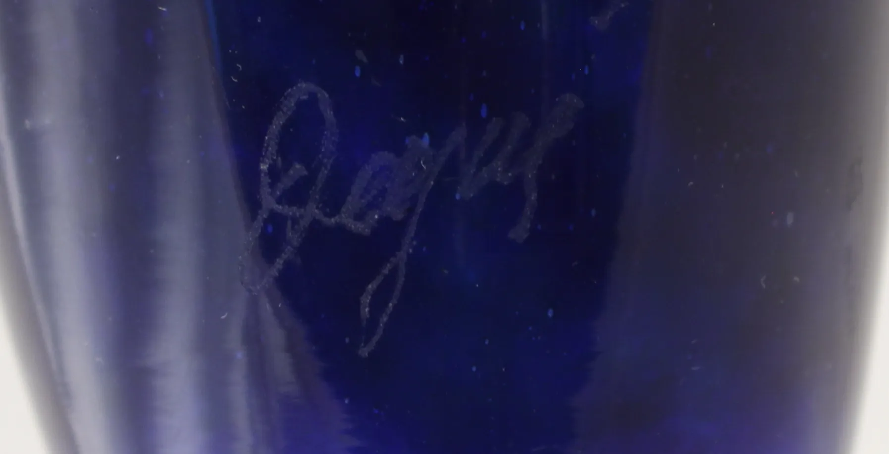 SIGNED GLASS Degué with signature detail in blue hue, antique French.