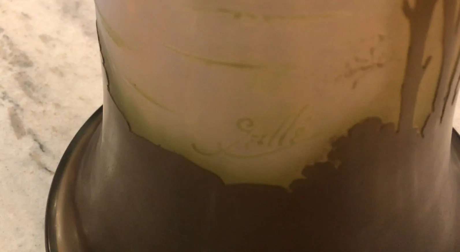 Antique signed Gallé glass with visible signature, elegant design.