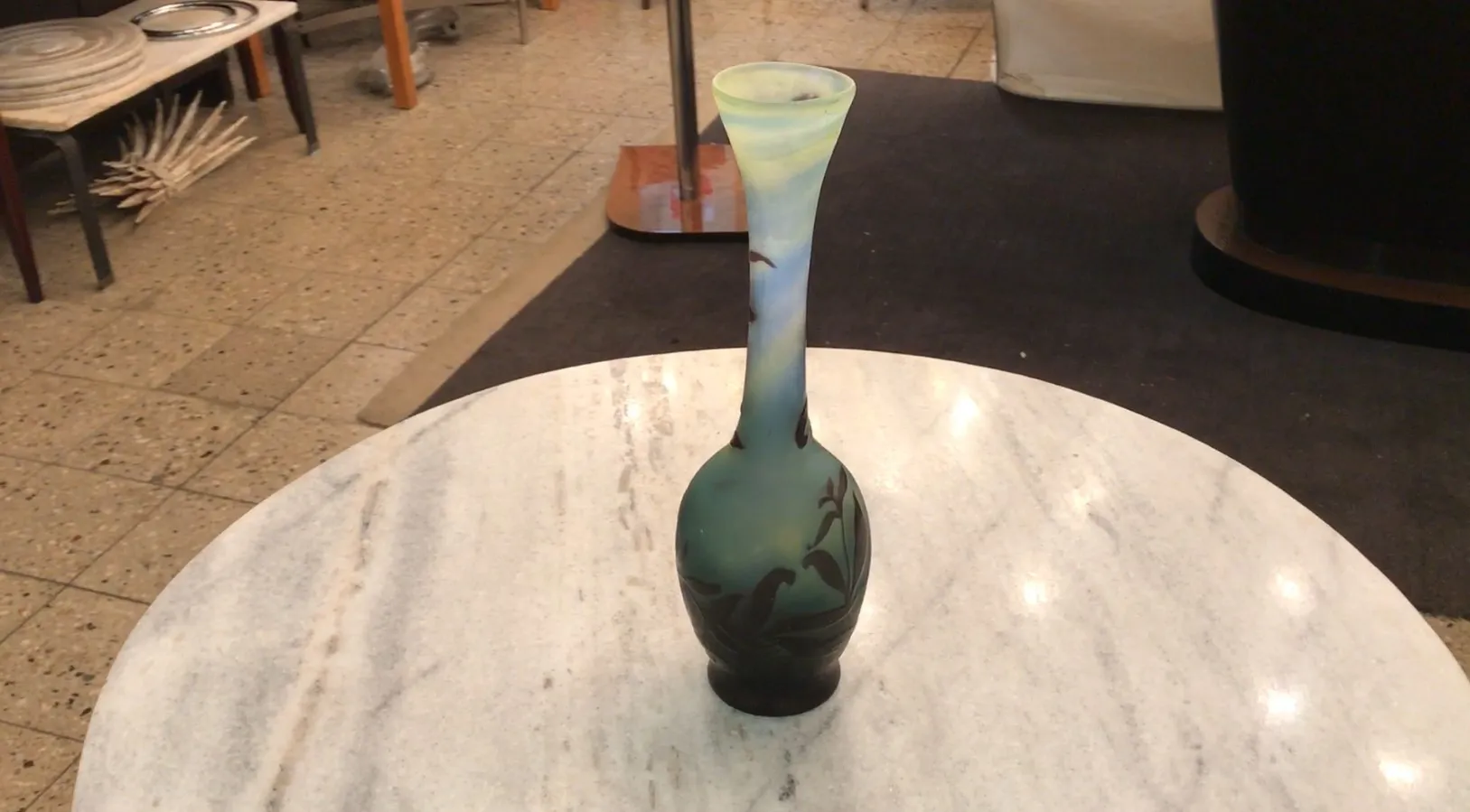 vase with floral design in blue and green glass, antique