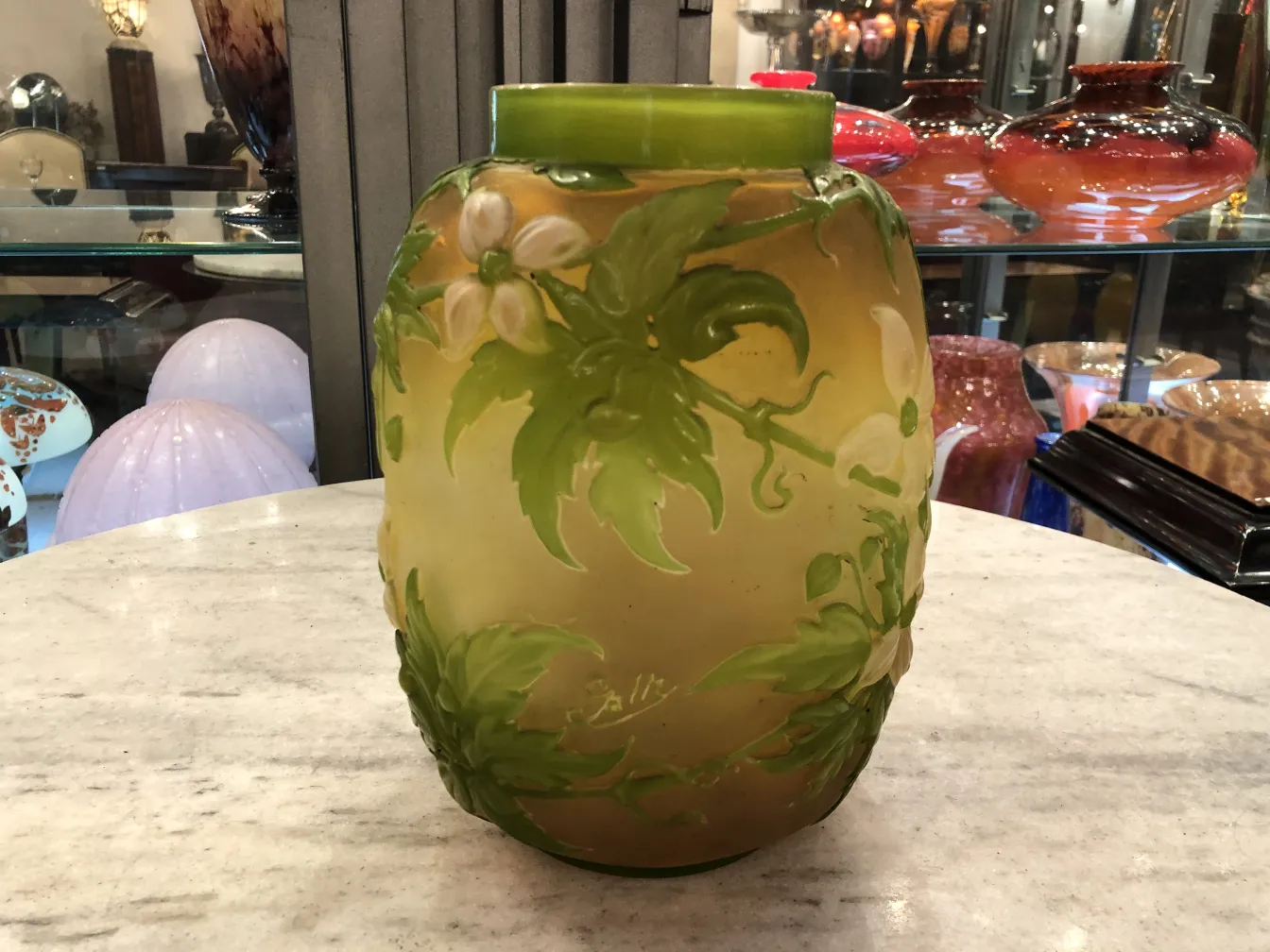 Signed Gallé glass vase with green floral design