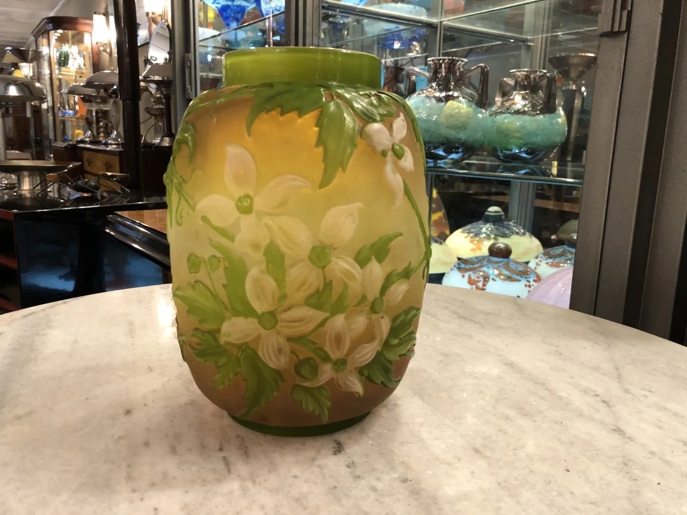 Antique Gallé signed vase with green floral decoration