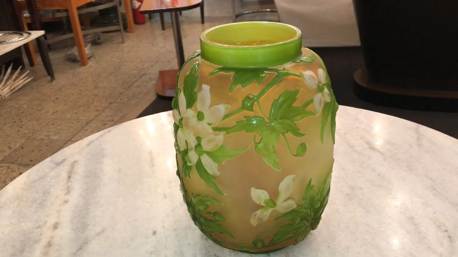 decorative piece of signed glass galle with green flowers and leaves