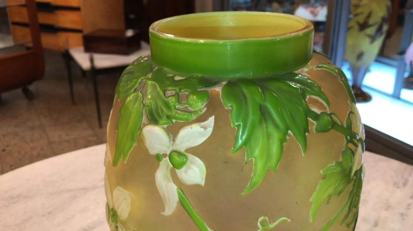 Antique signed Gallé glass featuring leaf and flower designs.