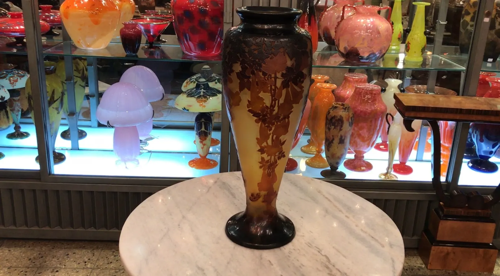 Antique Gallé signed vase in shades of orange and yellow.
