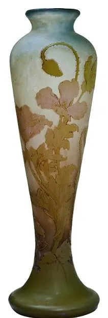 vaso in vetro firmato Gallé con fiori in tonalità tenui