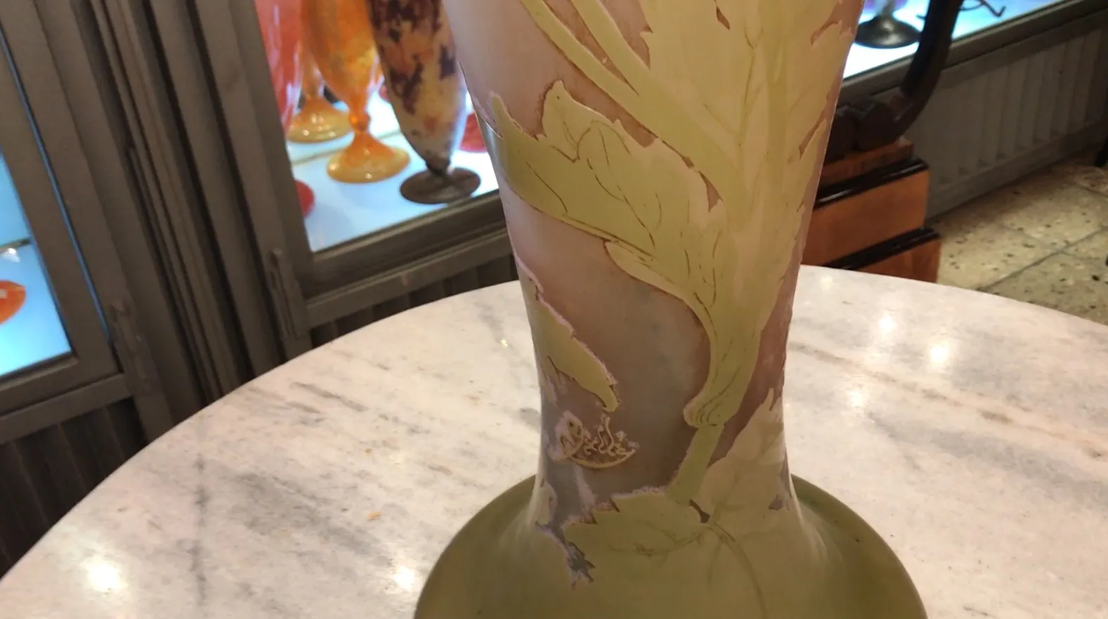 antique vase of signed glass with floral design