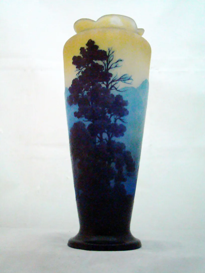 Antique signed glass Gallé featuring a landscape design
