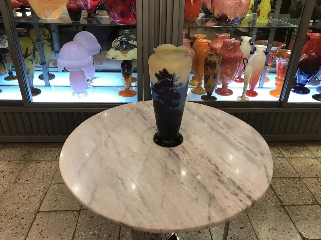 vase en verre signé gallé avec décoration d'arbres sombres