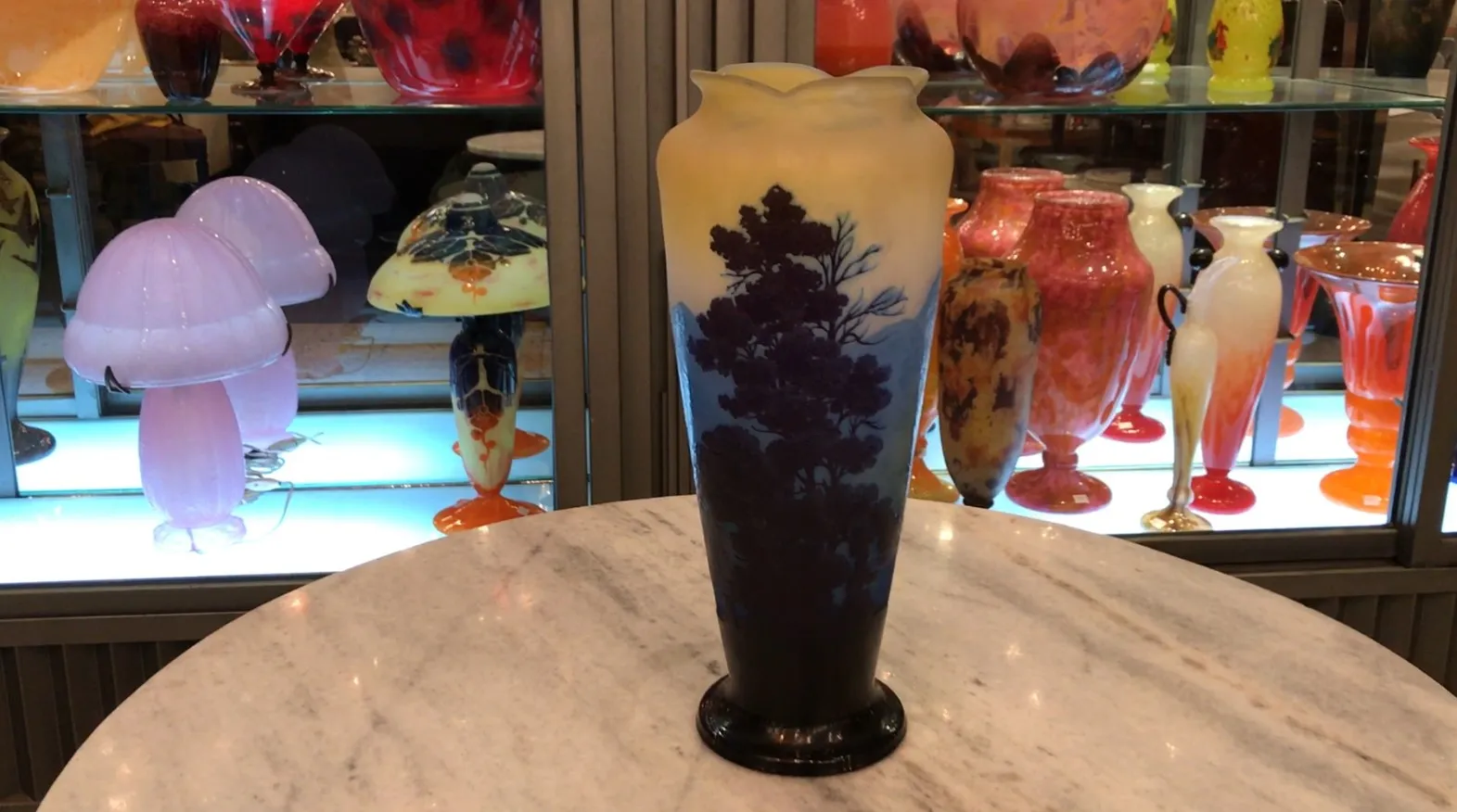 Elegant signed glass Gallé with blue and black design