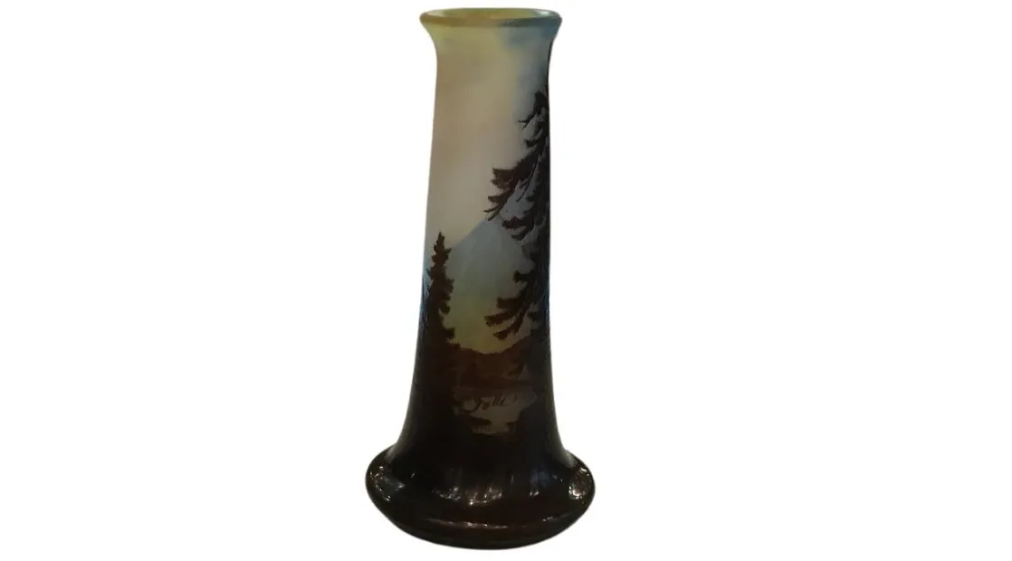 Antique vase signed Gallé with painted landscape and dark details.