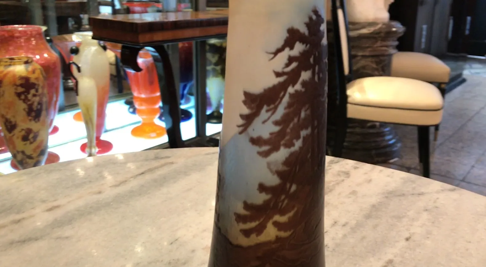 Beautiful signed glass Gallé with decorative natural landscape design, ideal for collectors.