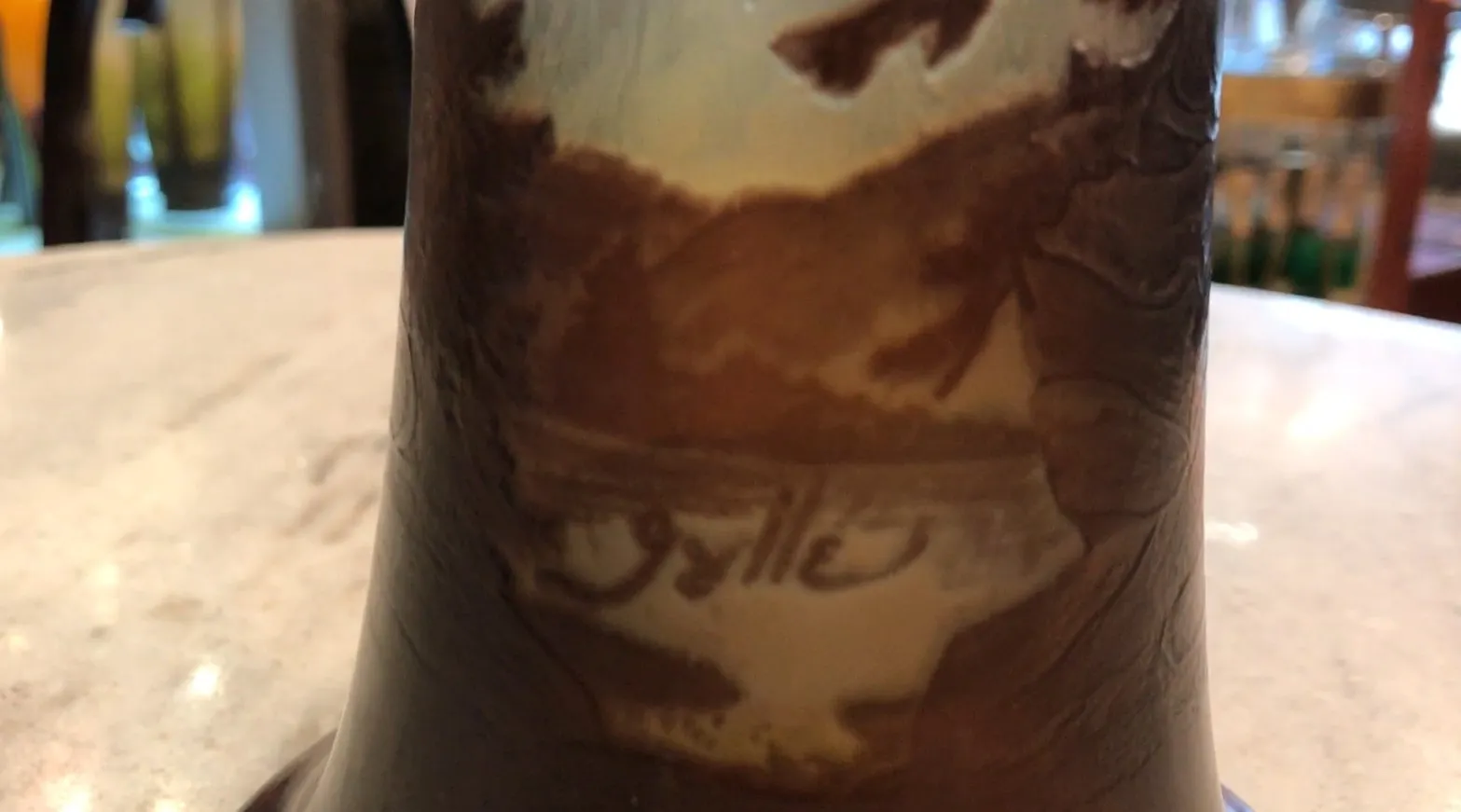 SIGNED GLASS Gallé featuring subtle landscapes on the surface