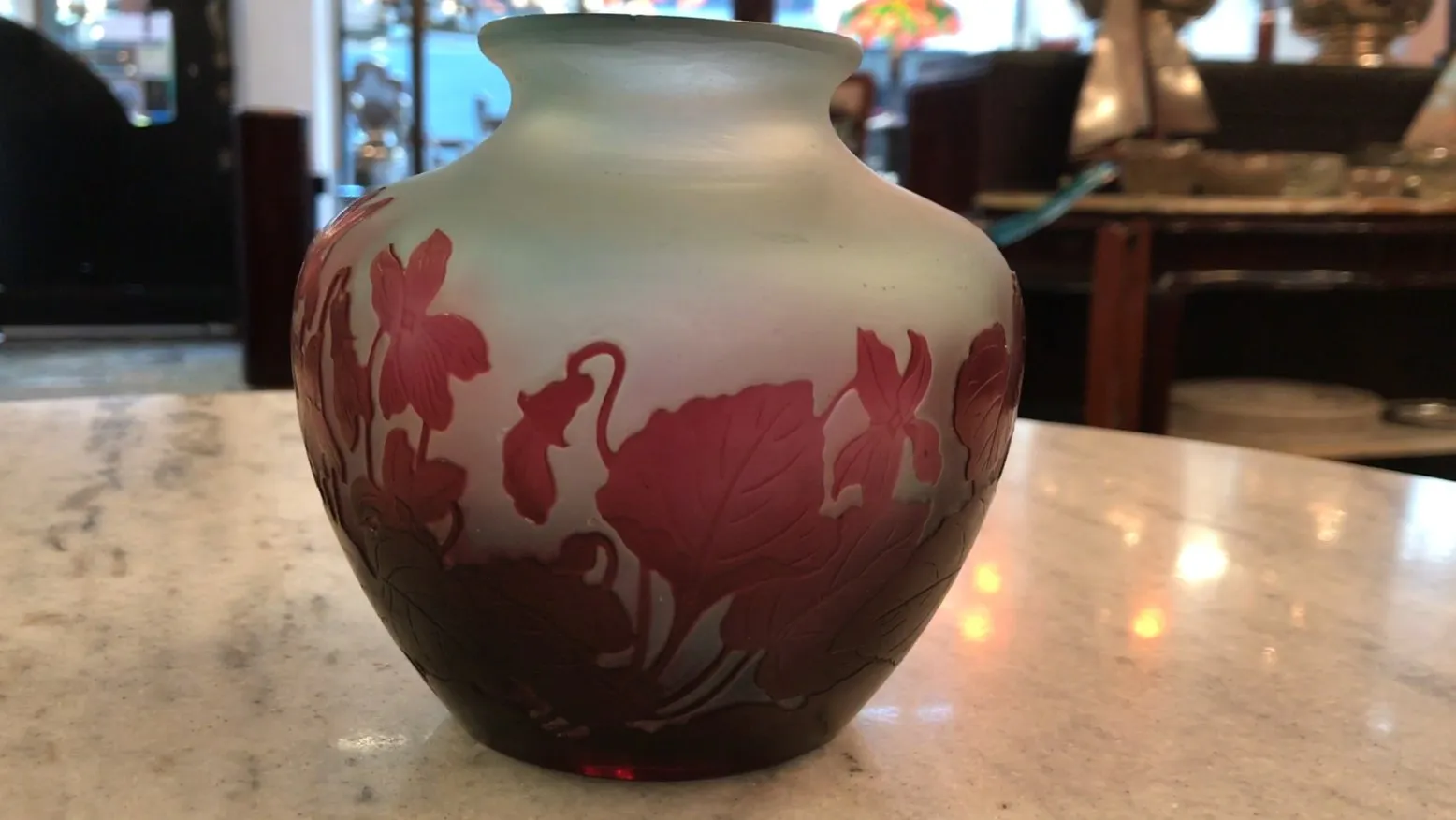 antique signed glass vase by Gallé featuring red and green floral design