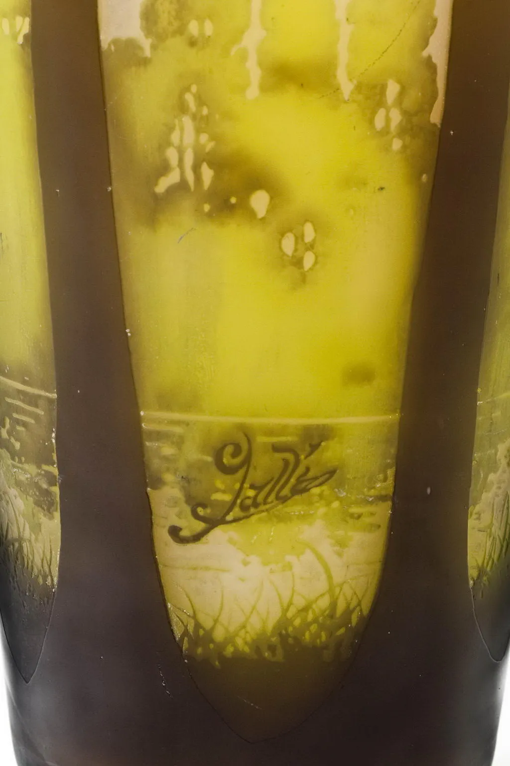 antique glass with gallé signature, green and brown details