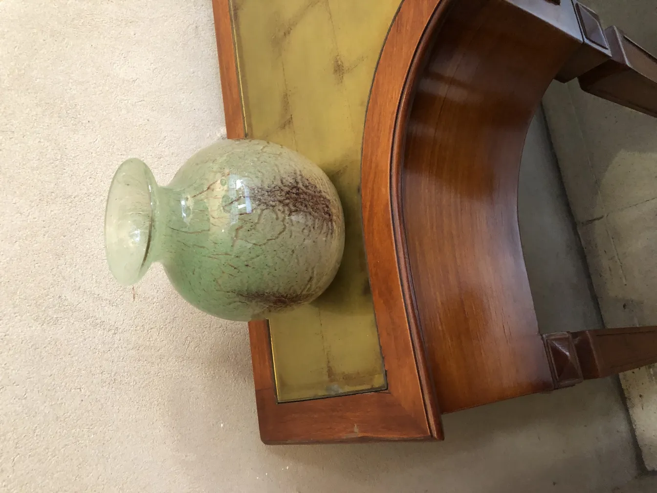 signed glass vase in green tones with decorative cracking