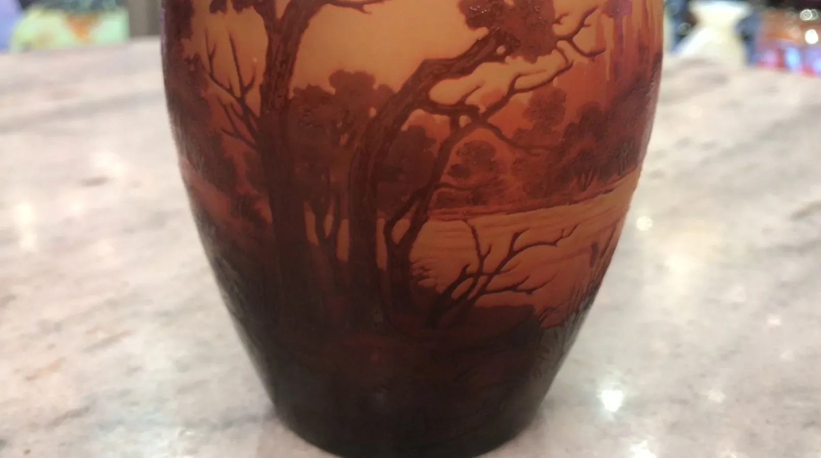 Antique signed glass D'Argental with relief landscape, forest background