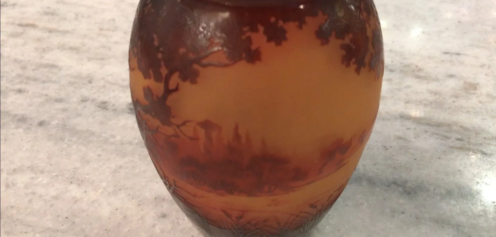 Antique signed glass D'Argental with etched landscape.