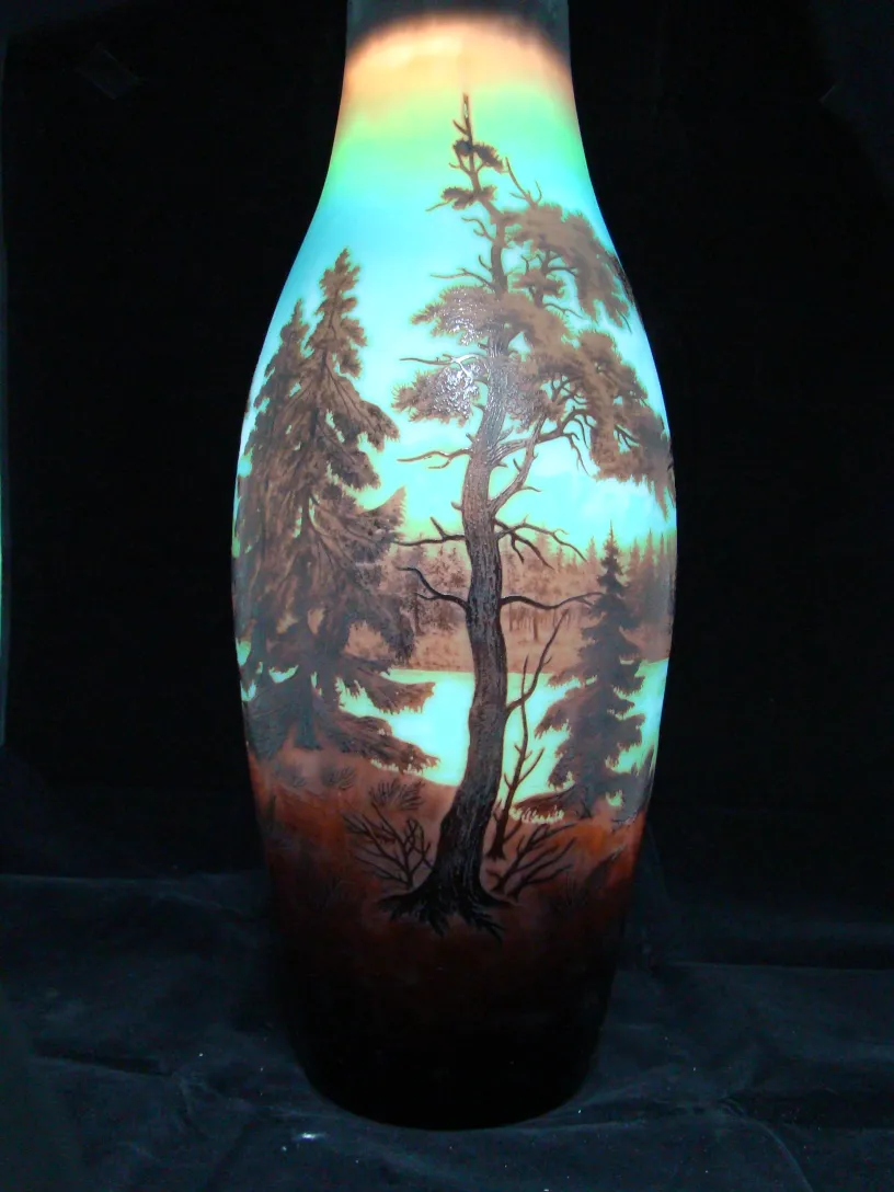 पुरातनता हस्ताक्षरित कांच का फूलदान D'argental के साथ प्राकृतिक दृश्य