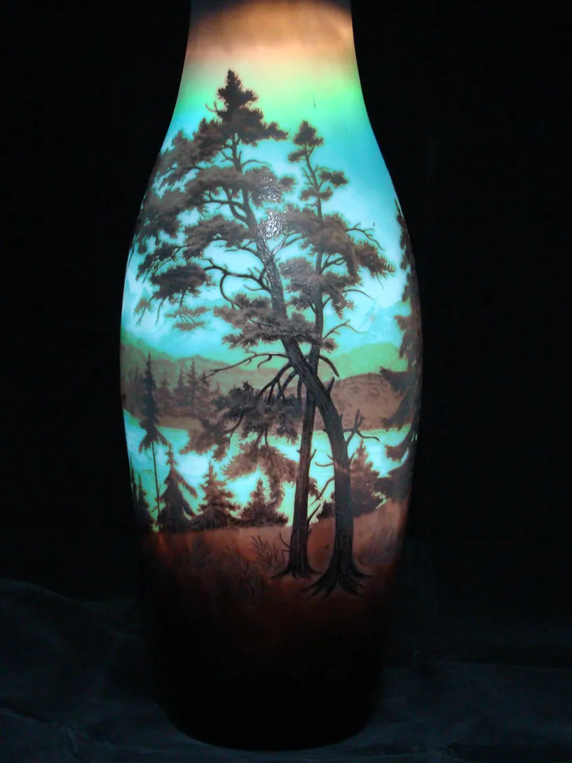 antique signed glass D'Argental featuring illuminated landscape