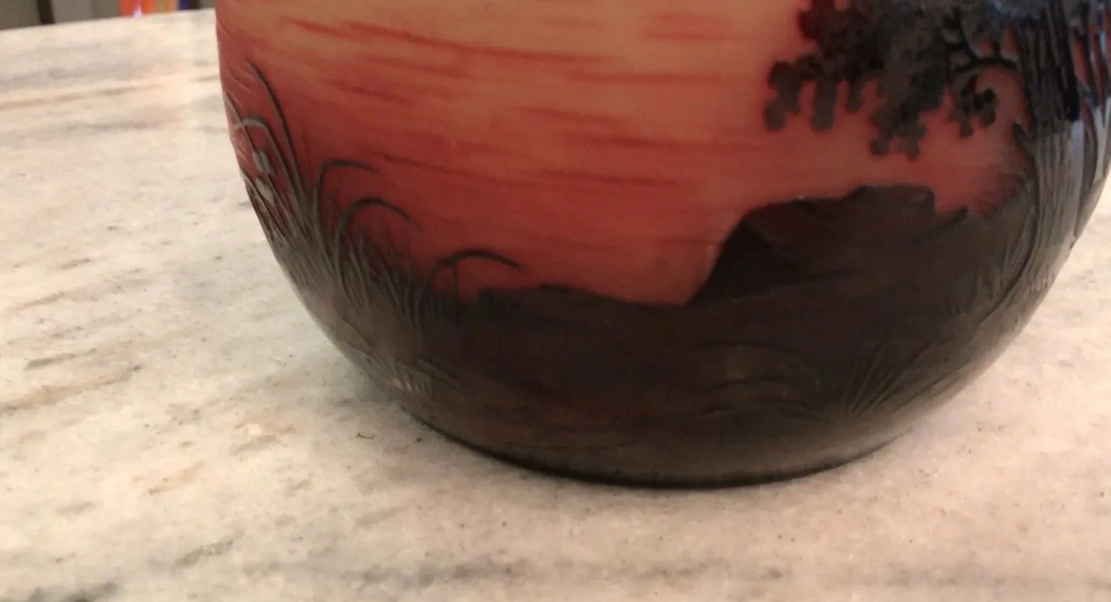 Antique signed glass D'Argental featuring detailed landscapes.