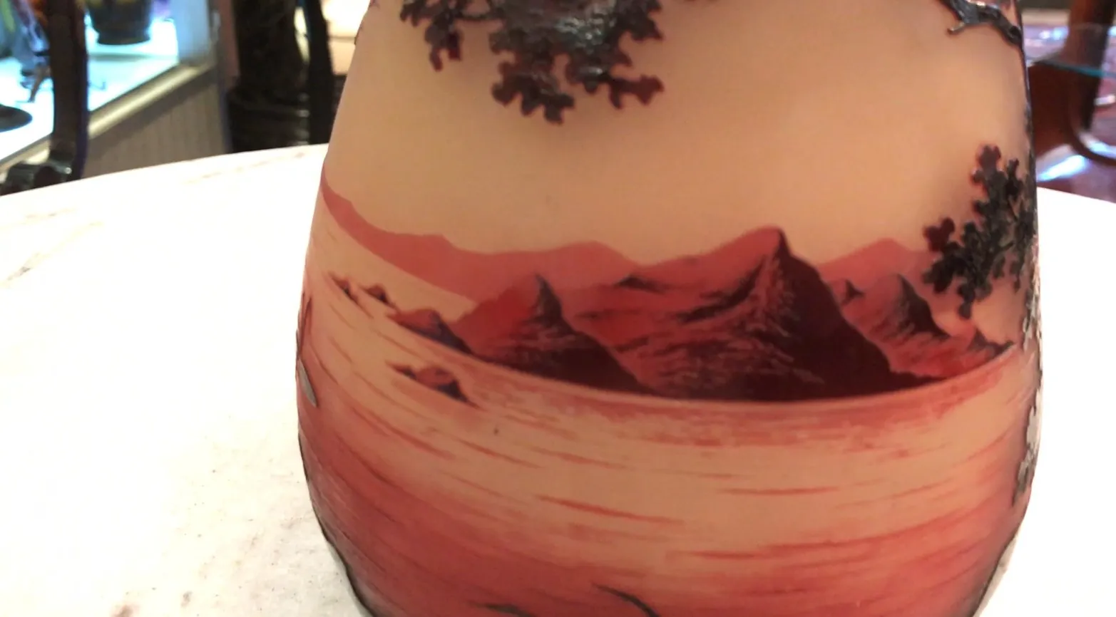 Glass signed D'Argental featuring red and black landscapes, antique