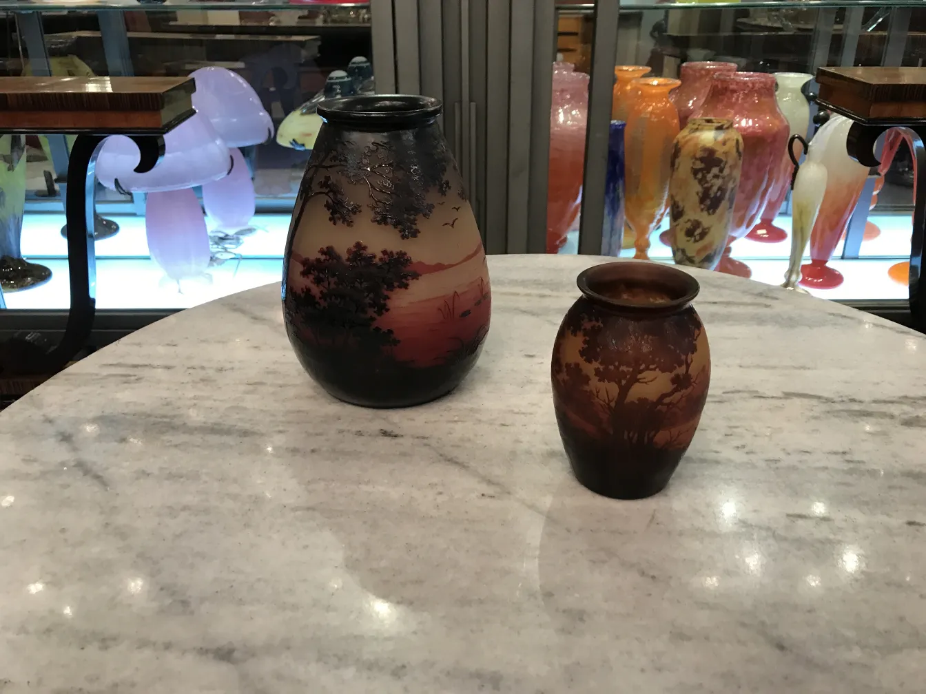 two antique signed glass vases by D'Argental with landscape