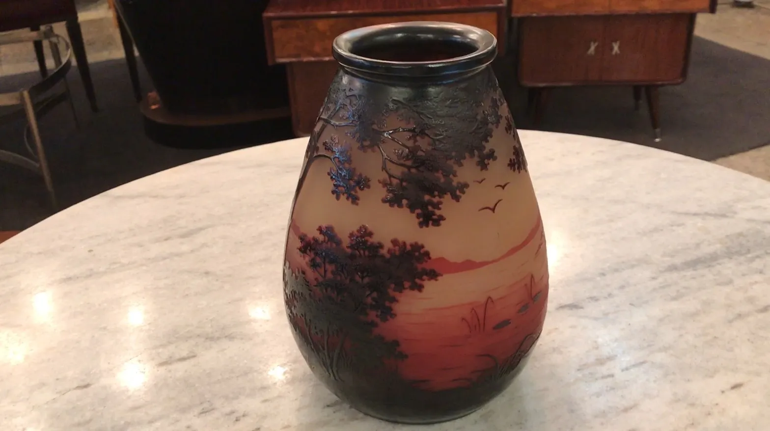 antik signierte Glasvase D'Argental mit Landschaft