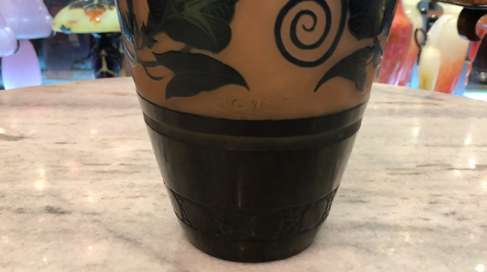 Antique signed glass D'Argental featuring decorative design at the top.