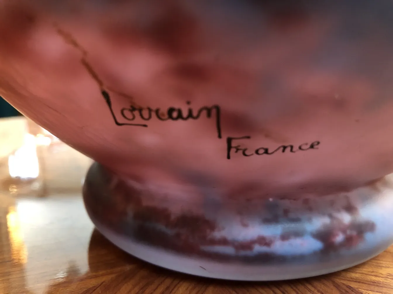 Antique glass with Lorrain signature, decorative and unique.