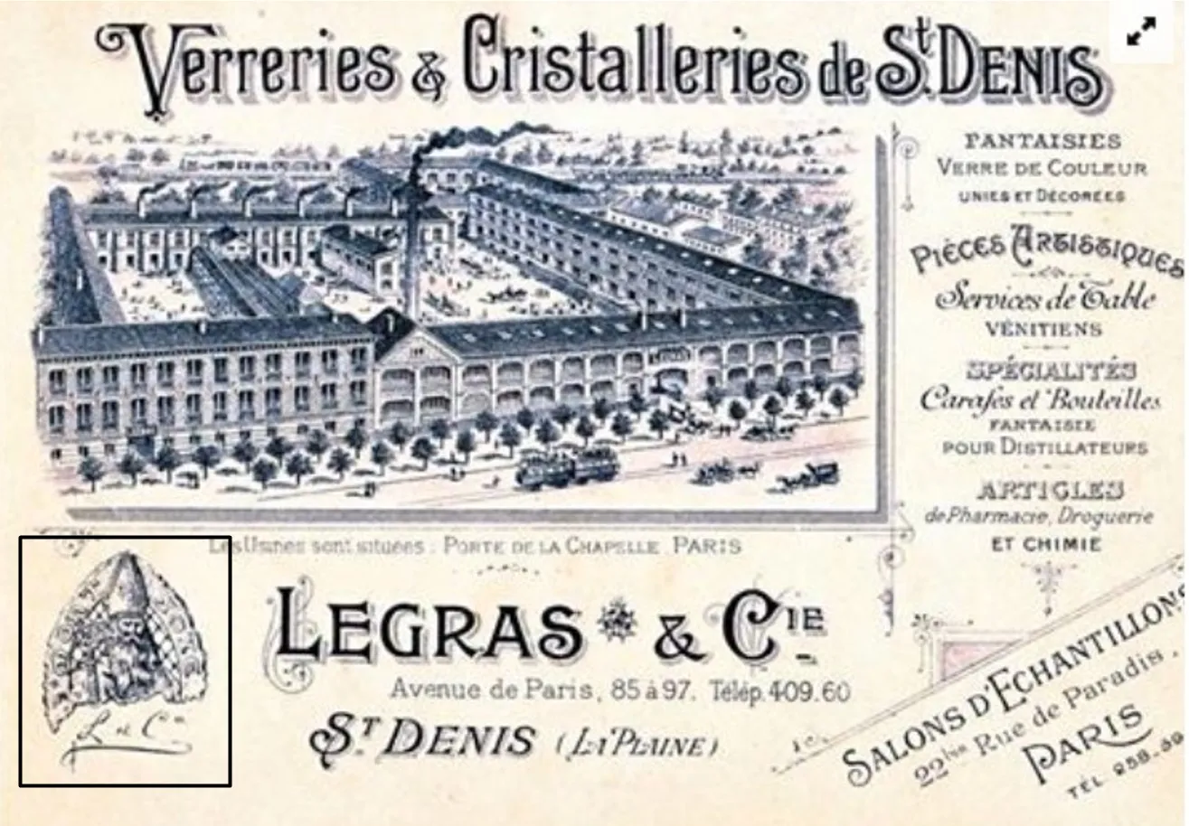 Descrizione dell'antiquariato vetro firmato LEGRAS su sfondo antico.