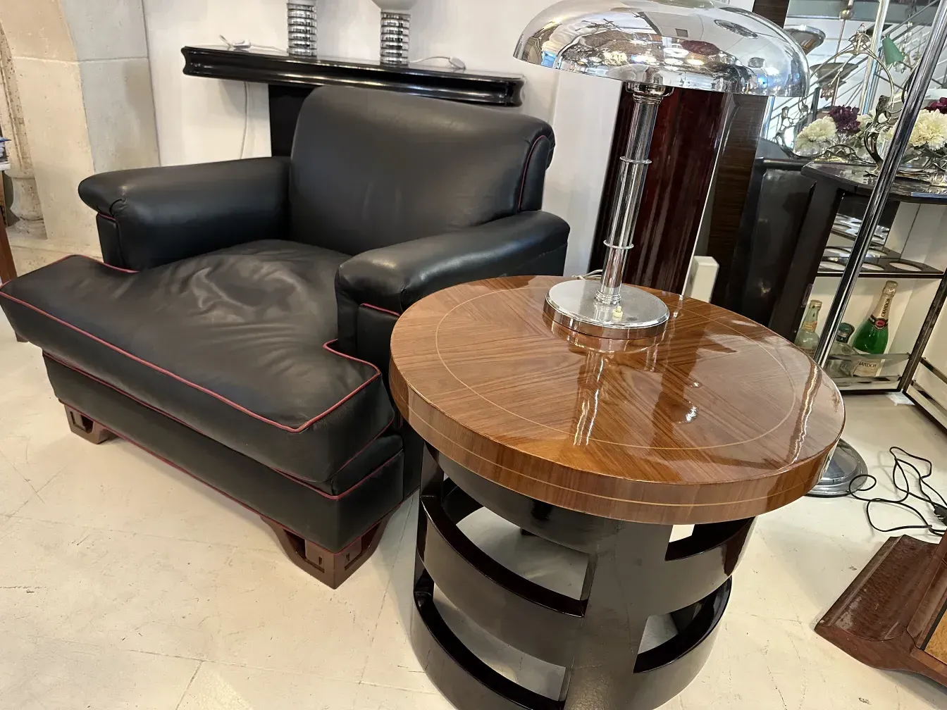 antique small table with elegant design and shiny base in cozy setting