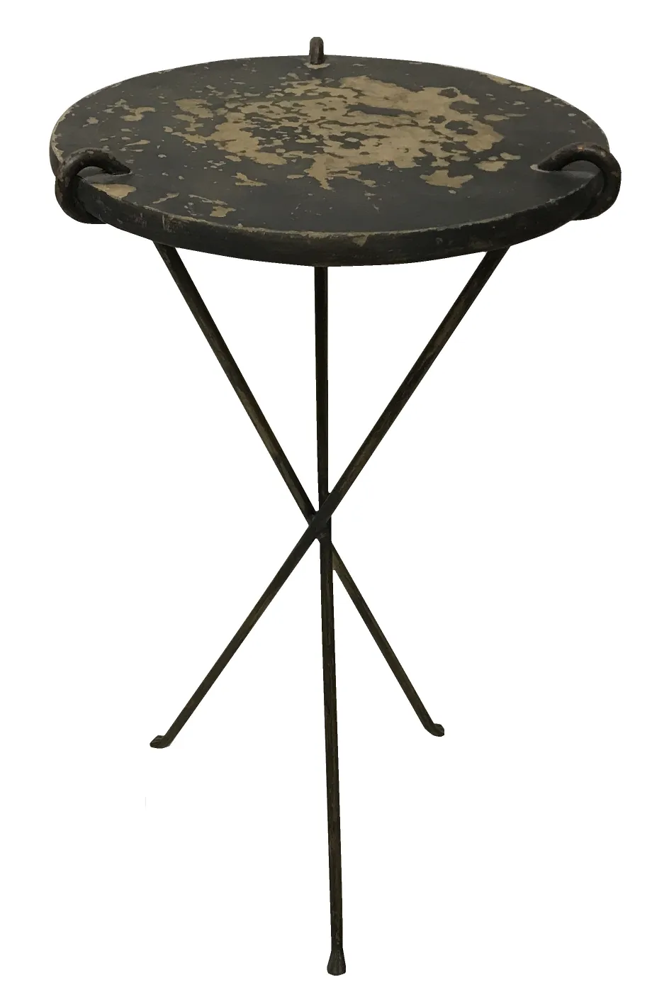 Antique small table with a triangular base, dark and worn.